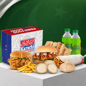 Sharing Box 4 group combo with burgers, sandwich and gyro at Karachi Fried House
