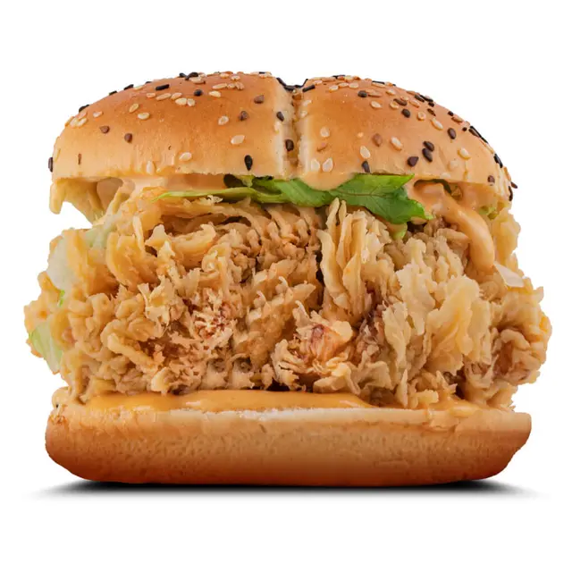Broasted chicken burger with fries at Karachi Fried House