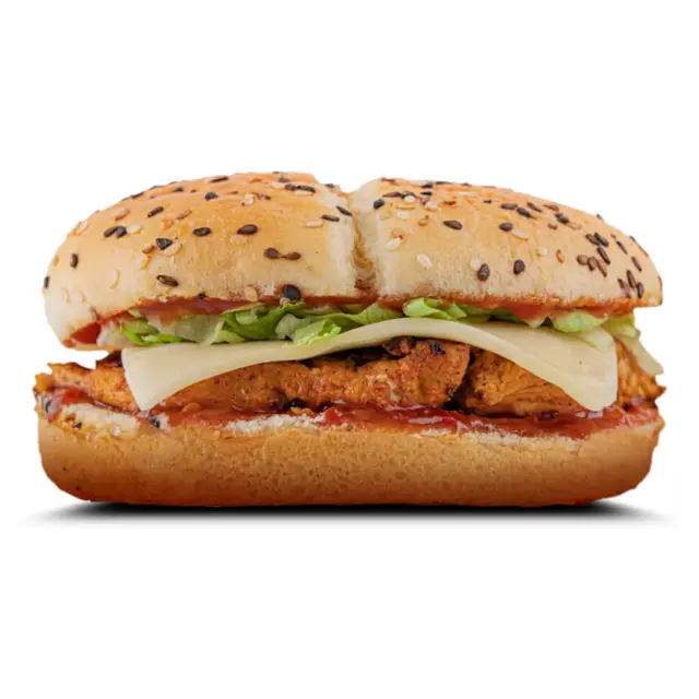 Flame-grilled chicken burger with fries at Karachi Fried House