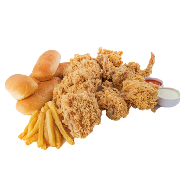 Crispy fried chicken with fries and dinner roll at Karachi Fried House