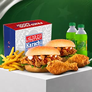 Sharing Box 1 with Zinger Burgers and drumsticks at Karachi Fried House