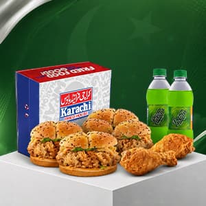 Sharing Box 3 with broasted burgers and drumsticks at Karachi Fried House