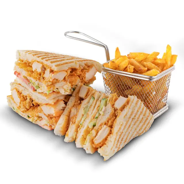 Crispy fried chicken sandwich with fries at Karachi Fried House