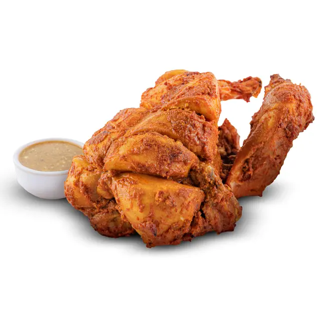 Whole grilled Chicken Chargha with fries and special sauce, Karachi Fried House