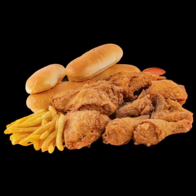 Broasted chicken with fries and dinner roll at Karachi Fried House
